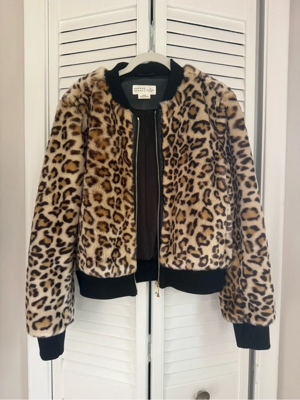 Kate Spade New York Leopard Faux Fur Bomber Jacket with Black Trim